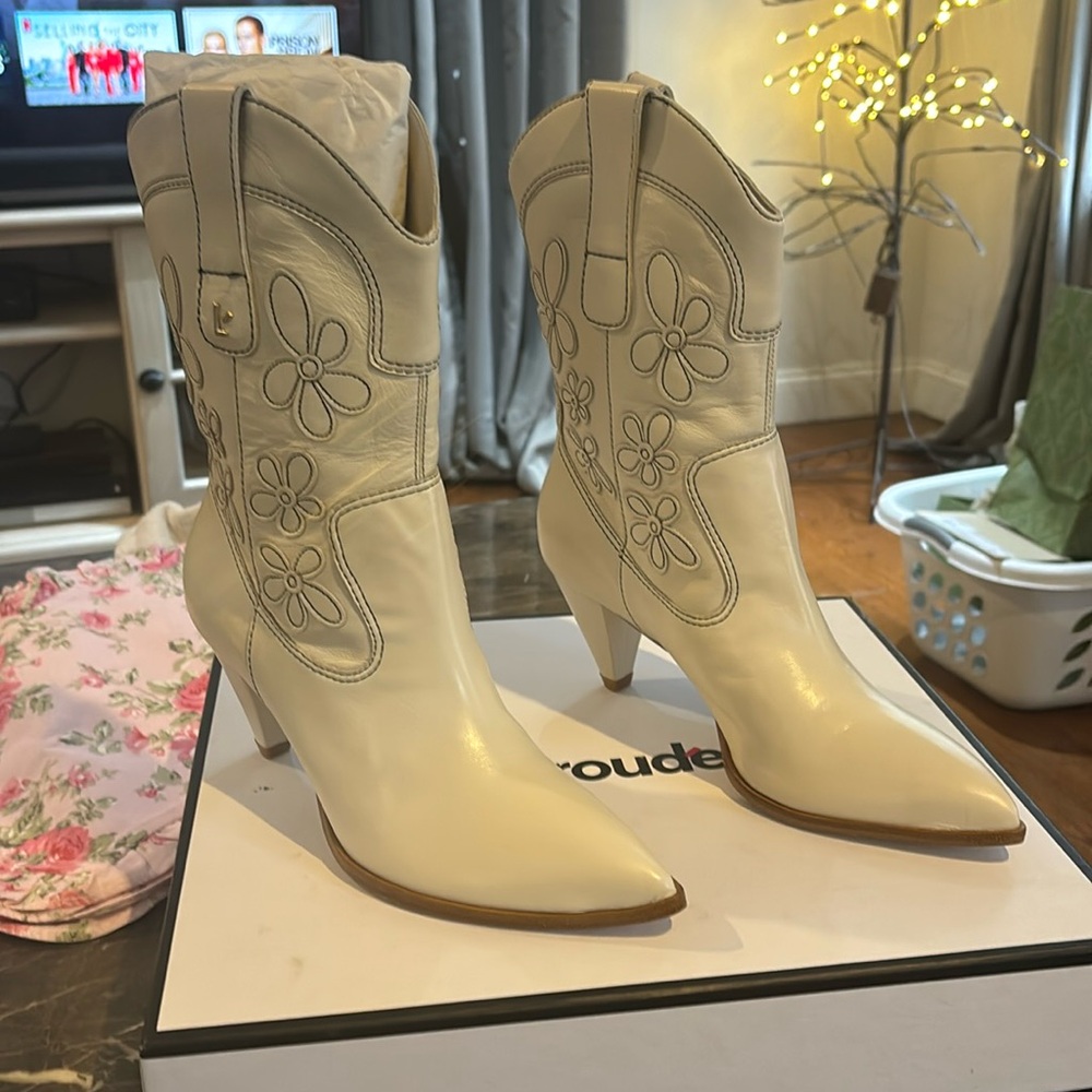 Floral thelma larroude heeled boots